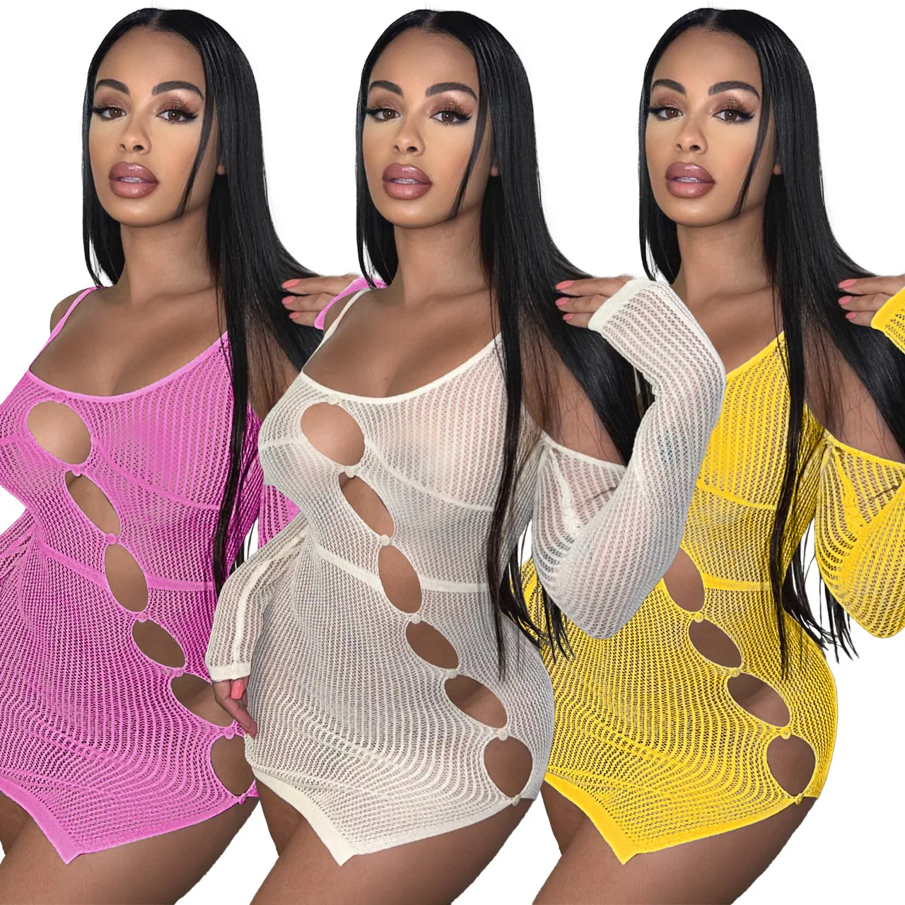 

Adogirl Women Dresses Summer 2022 Hollow Out Sexy Party Club Long Sleeve Knit Mini Dress Outfits Solid Color Bandage Sundress