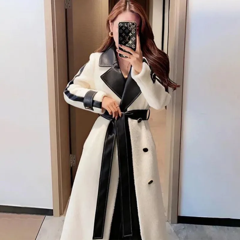 

2022 Single-breasted Woolen Coat Jackets Ladies Elegant Contrast Color Mid-length Coats Women FashionTrend Plush Overcoat Loose
