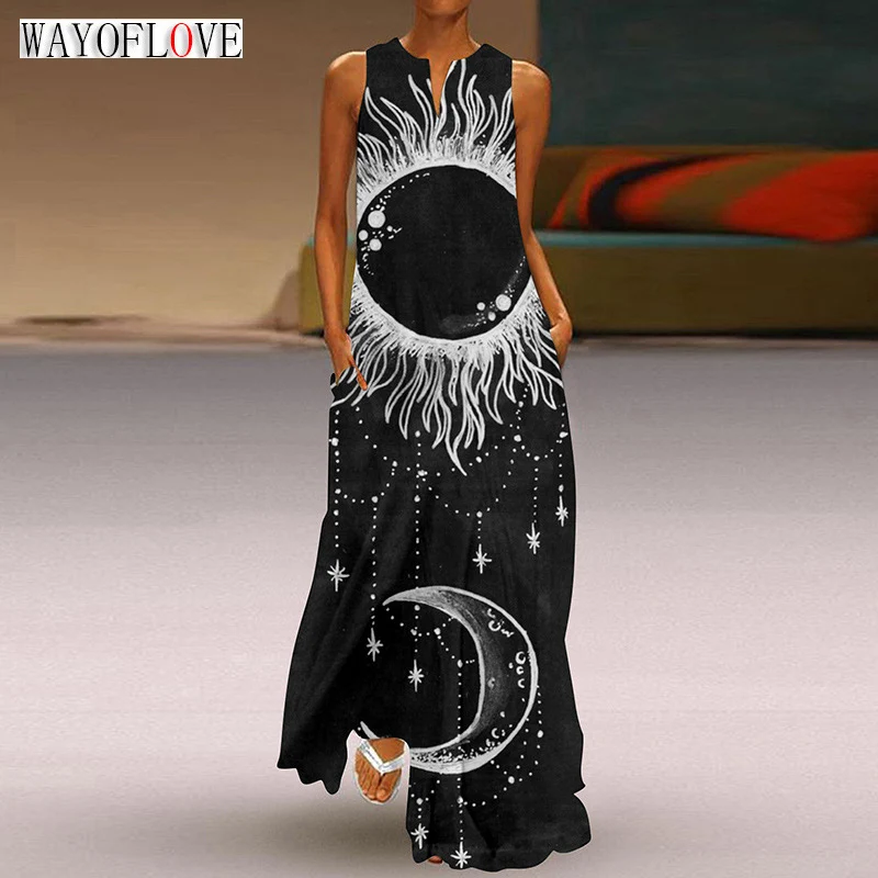 

WAYOFLOVE Ladies Spring Summer Black Long Dress Sleeveless V-neck Loose Sun Moon Print Beach Dresses Casual Maxi Dress For Women