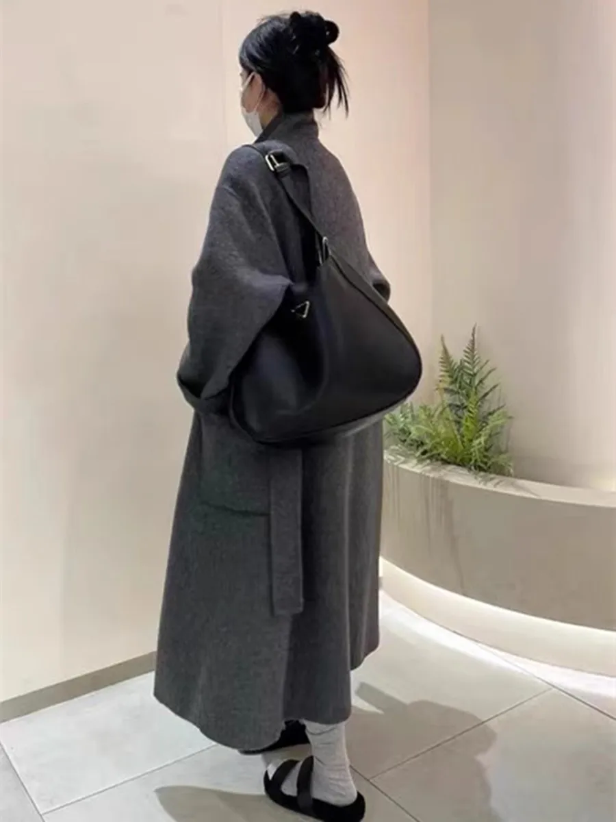 Двустороннее кашемировое пальто женское осень и зима 2024 новое длинное серое