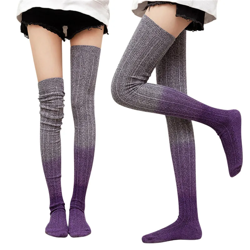 

Girls Breathable Knitted Stockings Spring Autumn Winter Ladies Leisure Style Gradient Color Knee Socks for Shopping Dating