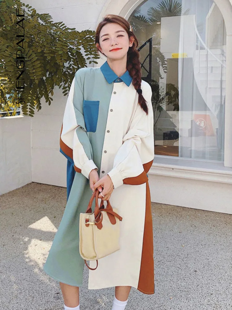 

SHENGPALAE сладкий контрастный цвет красивый халат лоскутное однобортное отложной воротник пояс женское платье рубашка 2023 осень