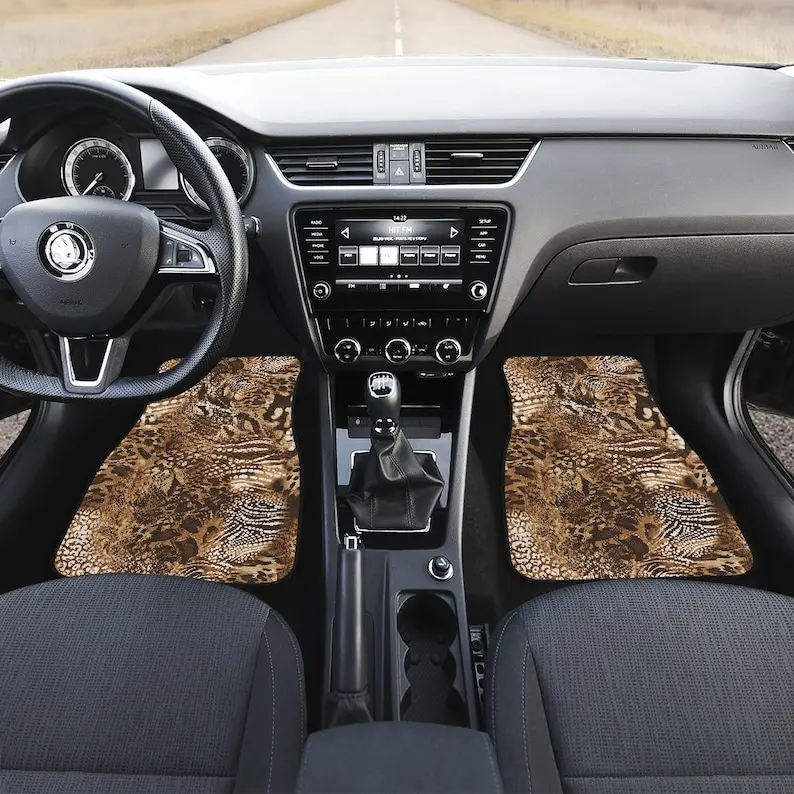 Brown Snake Skin Leopard Animal Print Car Floor Mats Set, Front and Back Floor Mats for Car, Car Accessories