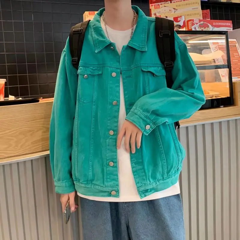 Мужская/женская джинсовая куртка на пуговицах зеленая облегающая Повседневная