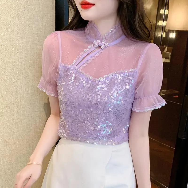 

Blouse female 2022 retro cheongsam young girl lace sequins short sleeve top summer stand collar beautiful small blouse female