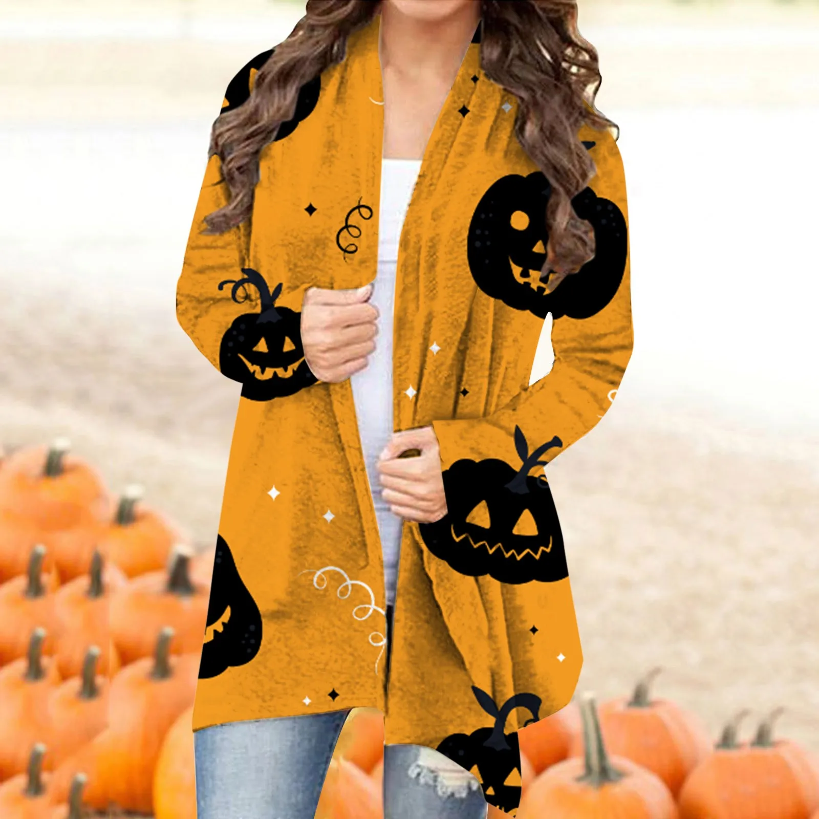 

Women Halloween Cardigan Fashionable Pumpkin Animal Cat Printing Jacket Long Sleeve Thin Coat Female Autumn Winter Clothes