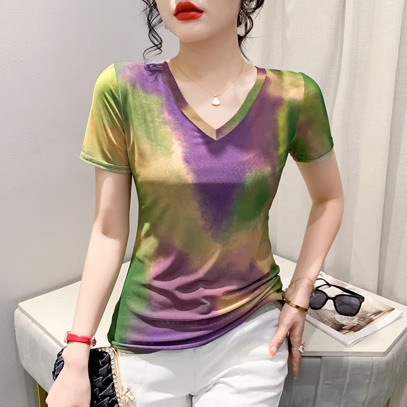 

European 2023 Summer Fashion Gauze Printing Positioning Flower Short-sleeved V-neck Slim T Shirt Women Free Shipping