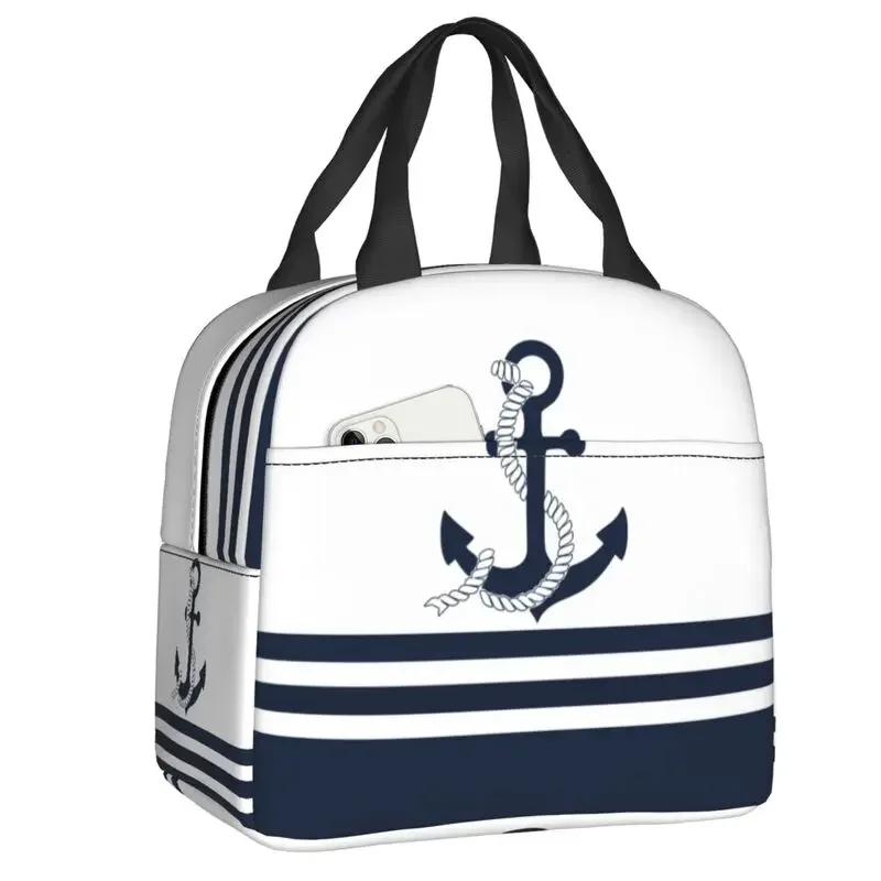 

Nautical Blue Anchors Stripe Insulated Lunch Tote Bag for Women Warm Cooler Thermal Lunch Bag Outdoor Picnic Food Container Tote