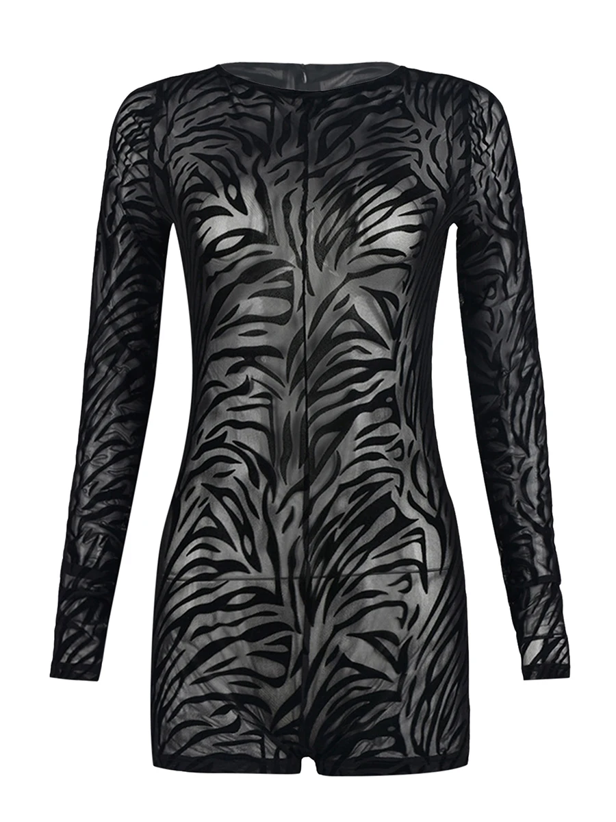 

Women s Spring Summer Short Skinny Jumpsuit Black Long Sleeve Pattern Print Mesh Bodysuit