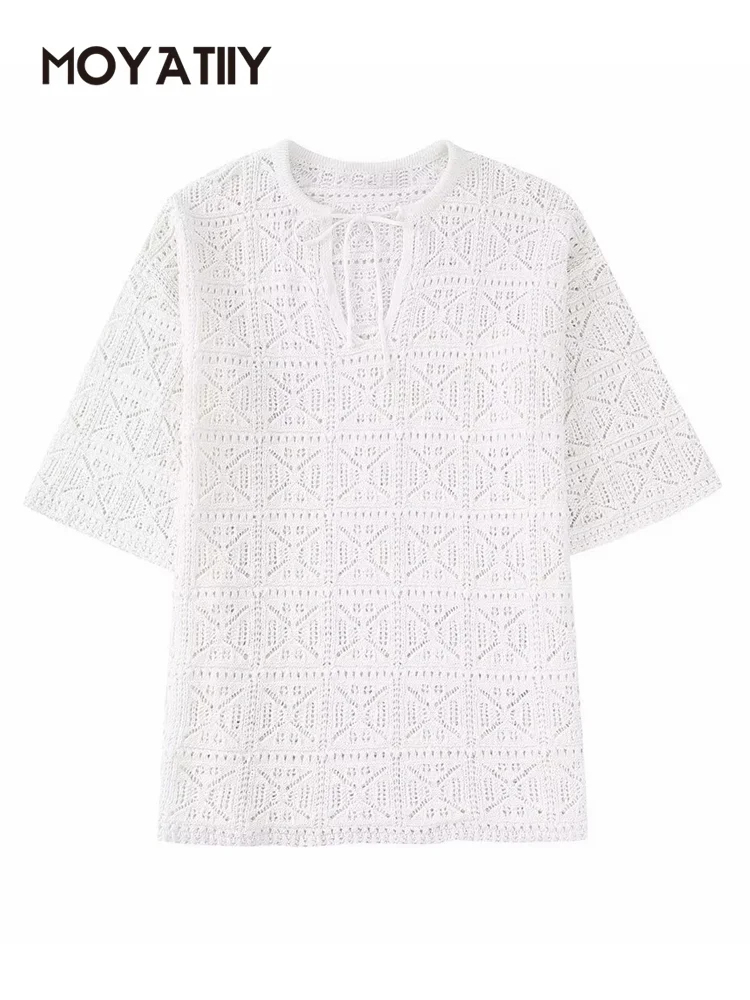 

MOYATIIY 2022 Women Fashion Spring Sweater with Tie Hollow Loose Knit Sweaters Vintage O Neck Wide Sleeves Female Pullovers