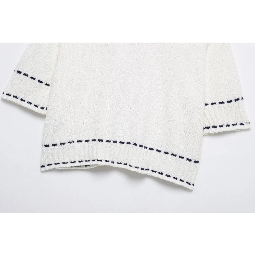 Женская мода удобный трикотаж с круглым вырезом для отпуска белый вязаный