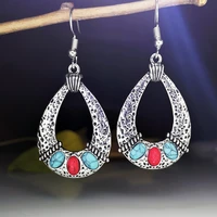 new vintage silver color blue red stone hook earrings for women bohe water drop hollow pendant dangle fashion jewelry gift