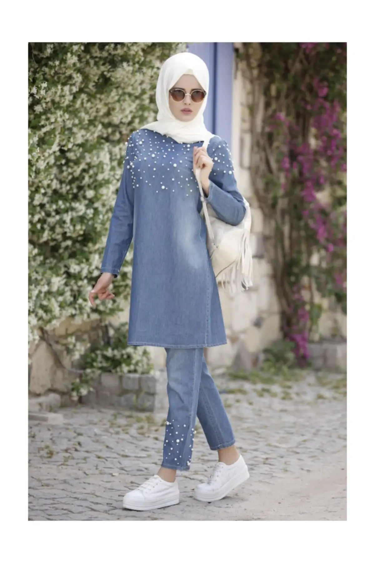 

Евангелие Джинсовая туника и штаны двойная команда Для женщин мусульманский костюм