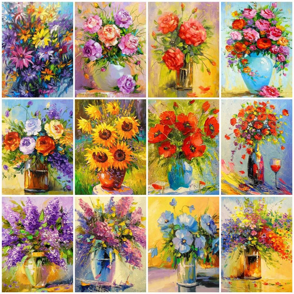 

Huacan 5D Diamond Painting Complete Kit Poppy Diamond Mosaic Lilac Embroidery Kit Rose Vase Handicraft Home Decoration