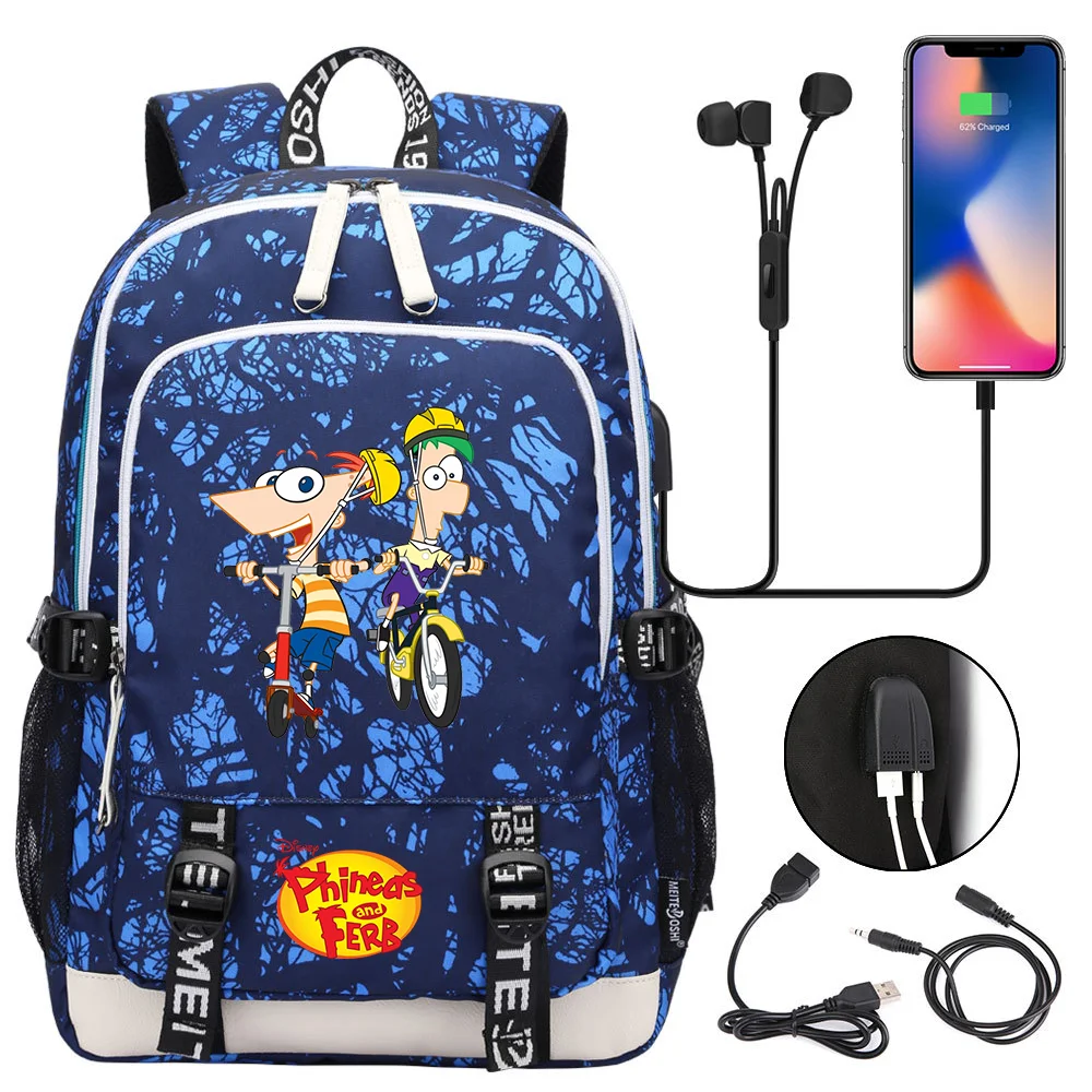Disney Phineas And Ferb-mochilas escolares para adolescentes, morral con carga USB para...