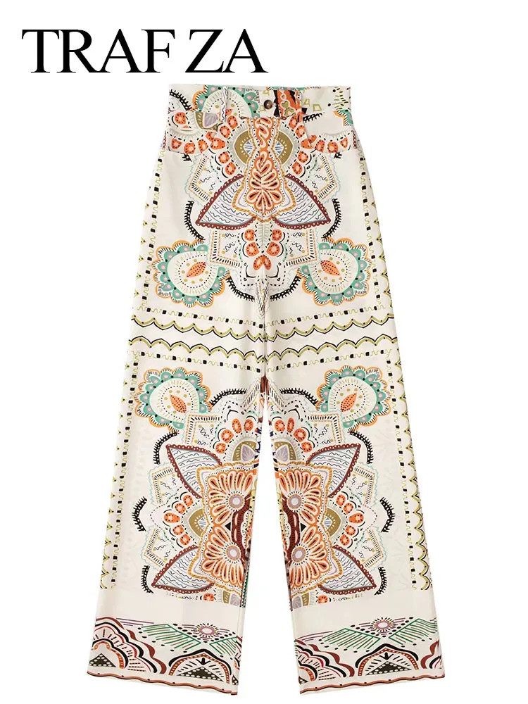 

TRAF ZA Trendy Painting Print Lightweight Straight Women's Pants Beach Resort Style Elegant Casual Loose Lady Wide Leg Pants