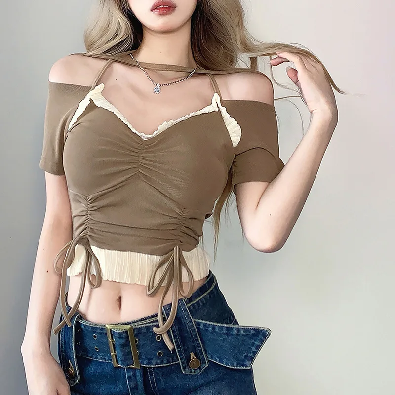 

Streetwear Casual Basic Halter T-shirts Women Drawstring Fitness Stitching Summer Crop Tops Shirring Korean Tees Y2k Aesthetic