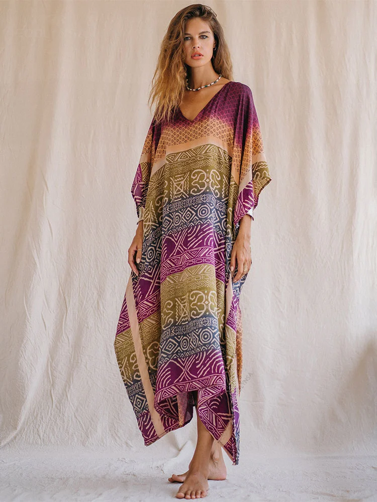 

EDOLYNSA Multicolored Bohemian Printed Long Kaftan Casual V-neck Maxi Dress Women Clothes Beach Wear Swim Suit Cover Up Q1491