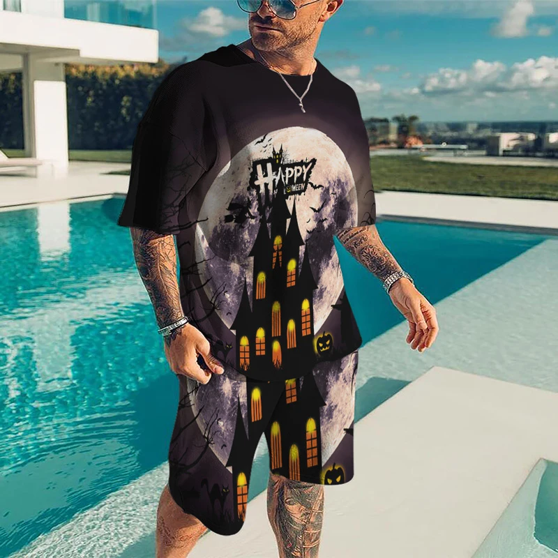 Summer Men's Casual Street Beach Shorts Set 3D Printing Color Halloween Thriller Crew Neck Street Home Short Sleeve Two-piece Se
