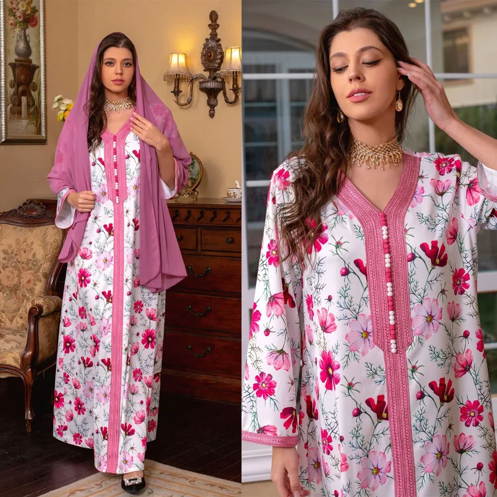 

Pink Red Printing Flowers Muslim Party Dress Graceful Abaya Hijab Set Middle East Gowns V-neck Patchwork Women Robe Clothing