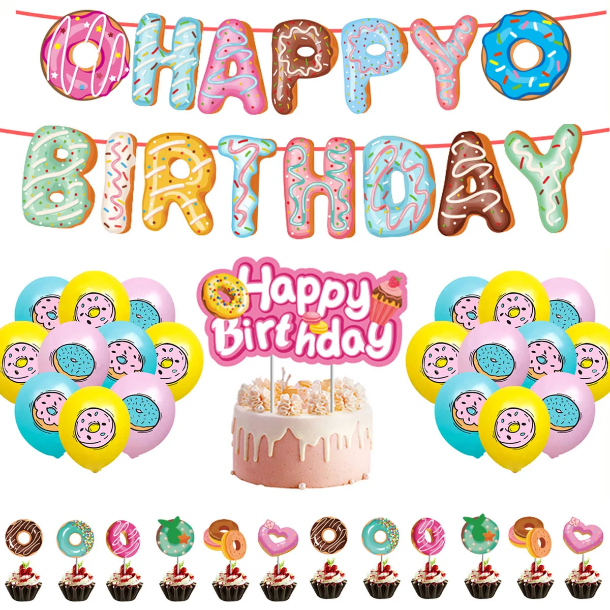 

Donut Themed Birthday Decoration Set Sweet Donut Balloons Happy Birthday Banner Cake Toppers for Donut Birthday Party Supplies