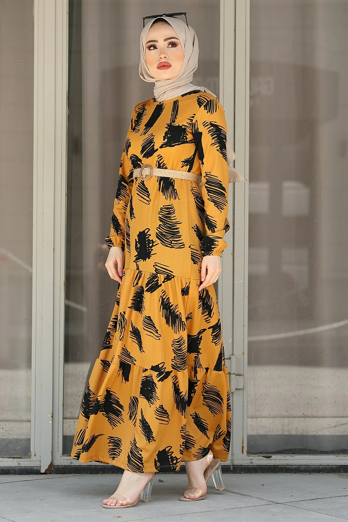 Двустороннее платье с узором в стиле унисекс, горчичного цвета, Осень-зима 2021