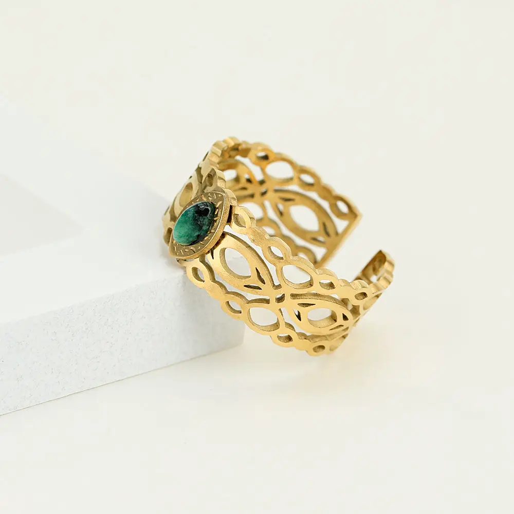 

GATTVICT Retro Punk Hollow Wide Stainless Steel Adjustable Rings For Women Vintage Natural Stone Open Rings Statement Jewelry