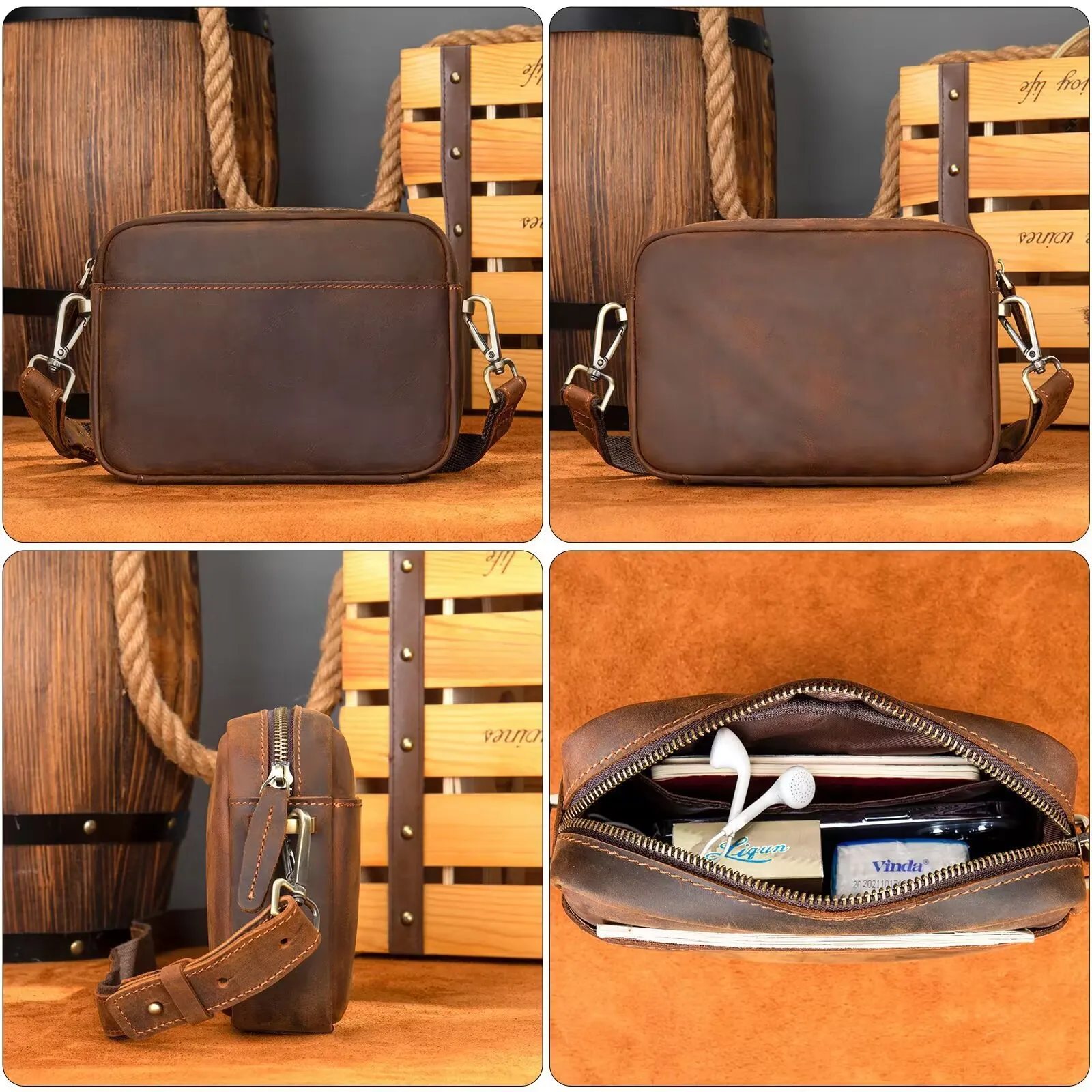 Small Single Shoulder Bag for Men Genuine Leather Crossbody Bag Male Crazy Horse Leather Messenger Bag Male Handbag Tote