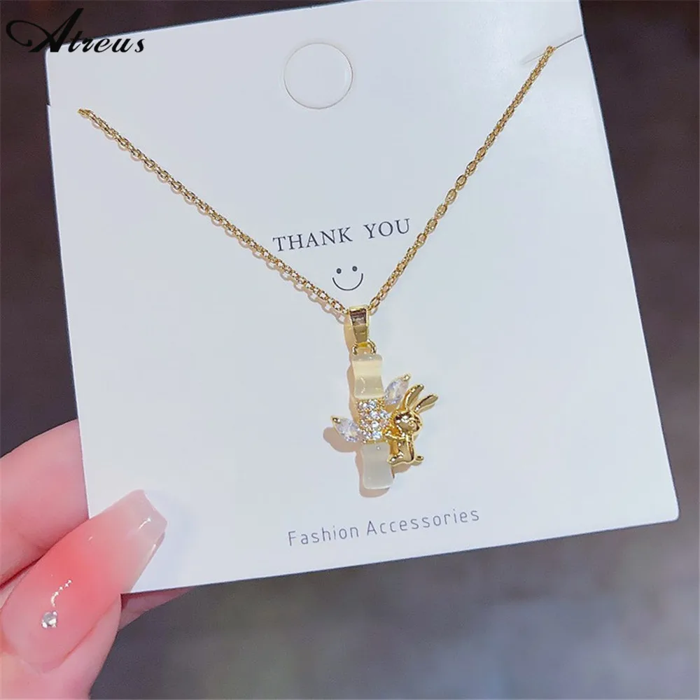 

Gold Plate Color Cute Animal Rabbit Pendant Necklace For Women Cubic Zirconia Bamboo Necklace Unique Chinese Style