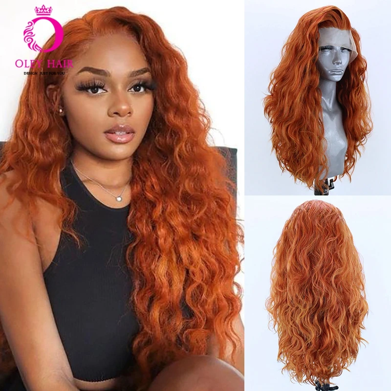 Ginger Synthetic Lace Front Wig Heat Resistant Pre-Plucked Lace Front Wig Long Water Wave Cosplay Wigs For Black Women