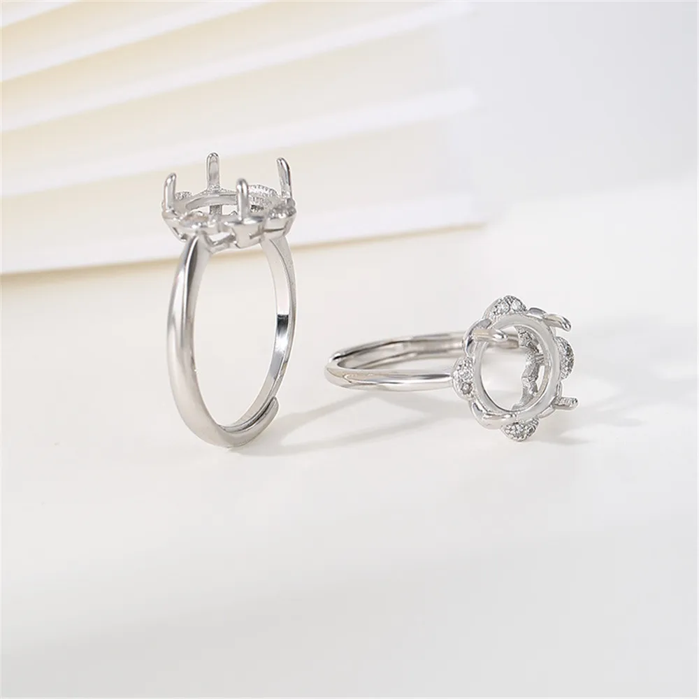 Ring Setting for 10x10mm Round Cabochons Ring Base White Gold Plated 925 Silver Zircon Adjustable Ring Blank RB179S