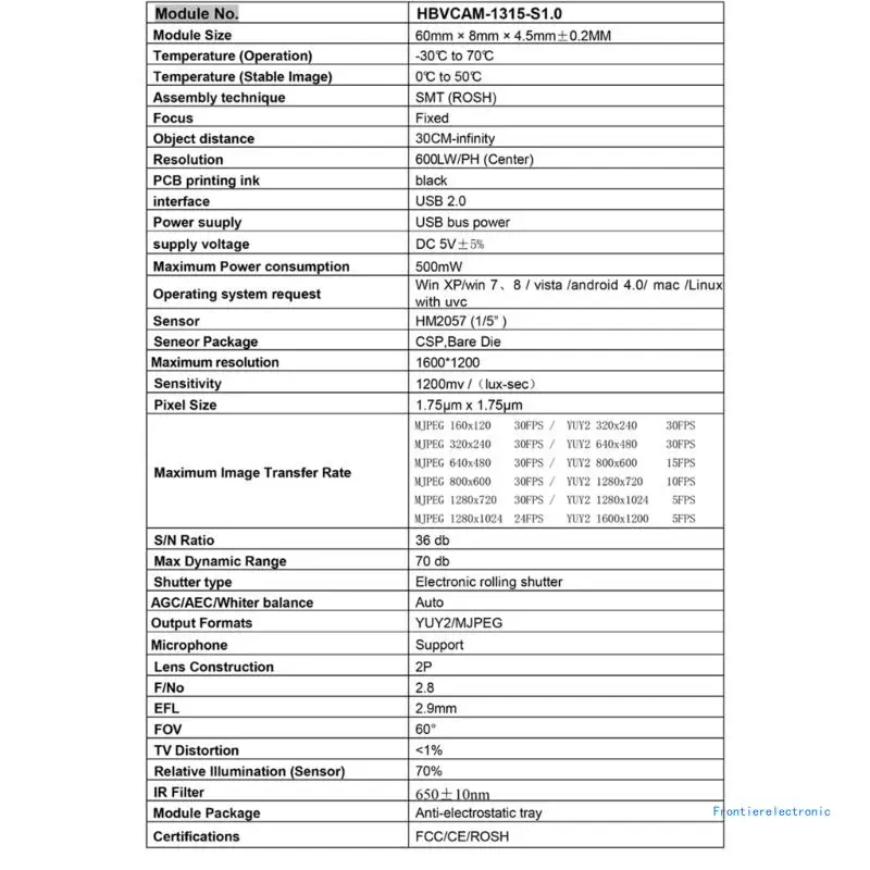 Модуль камеры USB 1600x1200 HM2057 2 МП угол обзора 60° встроенный микрофон для ноутбука