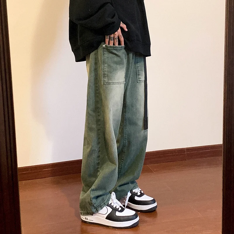 Pink Green Purple Baggy Jeans Men Fashion Retro Casual Straight Jeans Men Streetwear Hip Hop Loose Denim Pants Mens Trousers