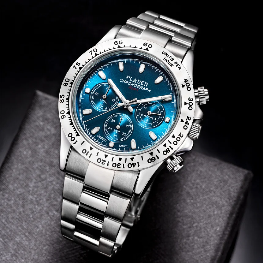 

PLADEN Three Eyes Classic Men Watch Stainless Steel Round Quartz Wristwatch Blue Luminous Gentleman Fashion Dropship Watches Man