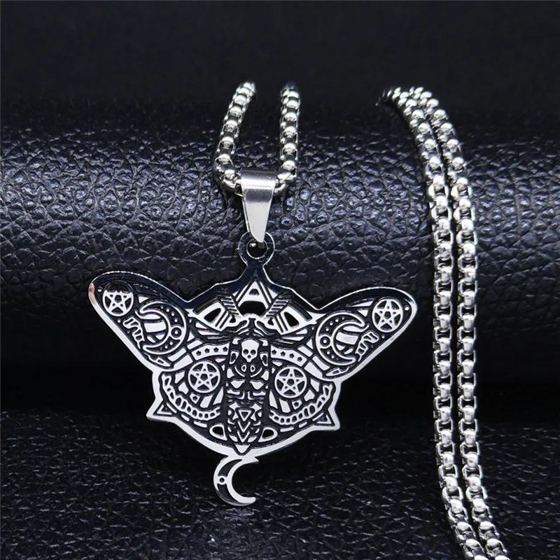 

Witchcraft Pentagram Moon Death Skull Moth Stainless Steel Necklaces Women/Men Silver Color Necklace Jewelry colgante N3328S06