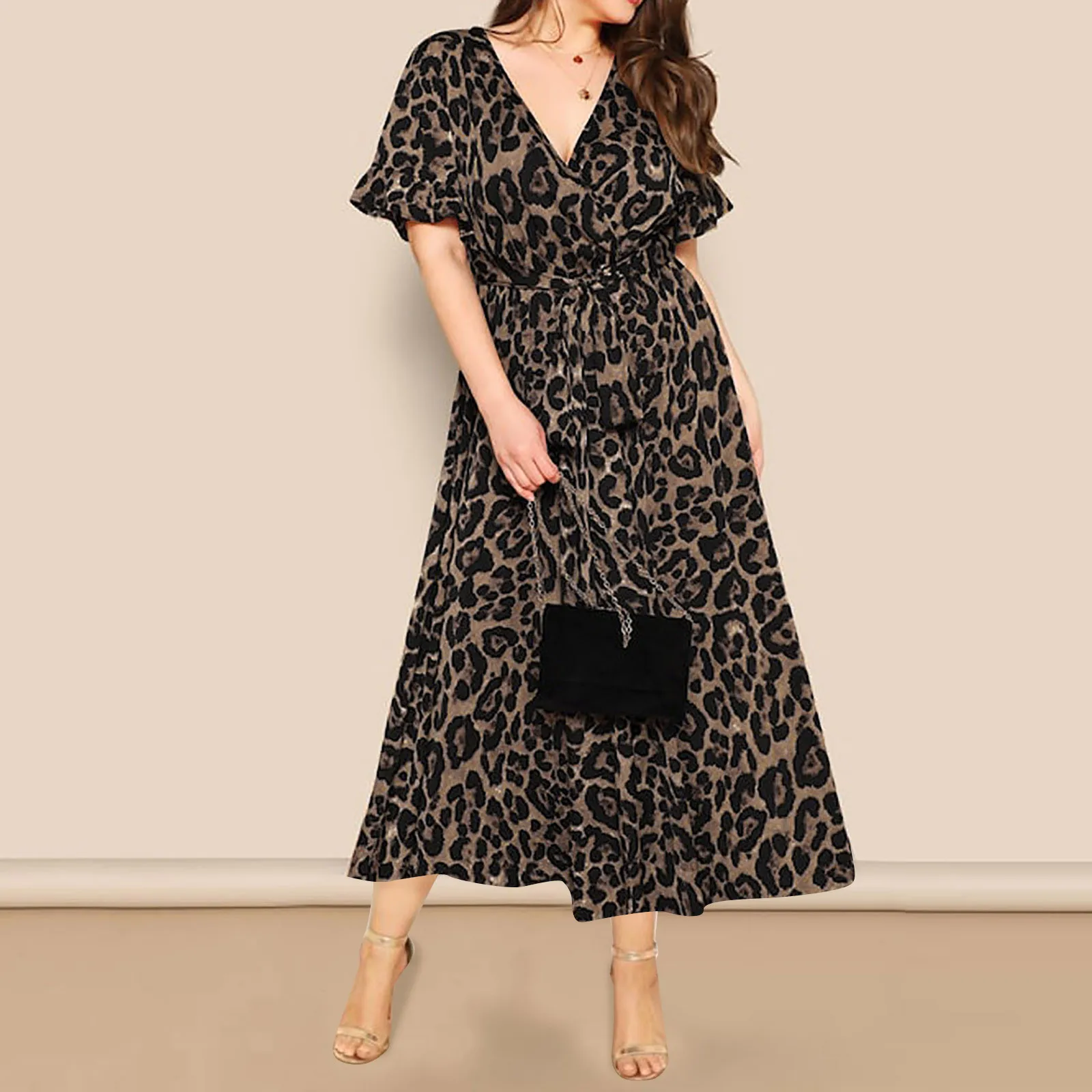 

Spring Summer Ladies Bandage Dress Women Casual V-Neck Short Sleeve Leopard Print Holiday Style Chic Dress Female 2022 New