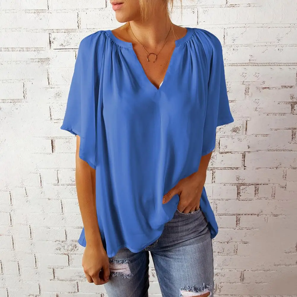 

Female Simple Folds Chiffon T-shirt Summer Women Blouse Half Sleeve for Travel