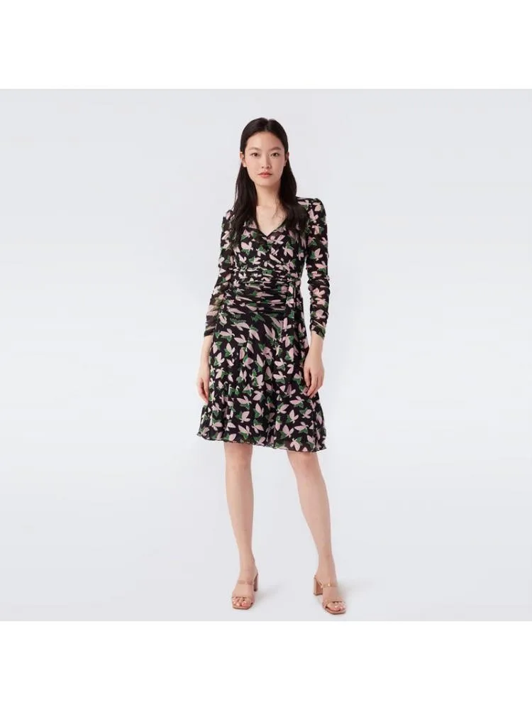 

2022 Summer New V-Neck Three Quarter Sleeve One Piece Style Butterfly Printed Chest Wrapping Black Chiffon Dress Women