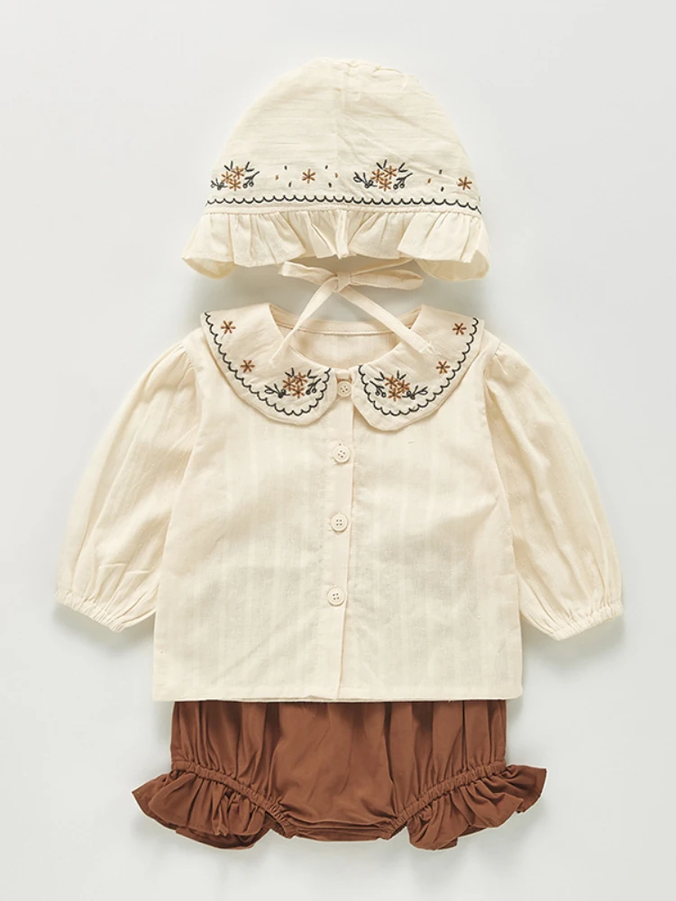 

2021 New Spring Autumn Puff Sleeve Top+Short+Hat 3Pcs Clothing Sets Girl Set Cut Clothes For Newborns