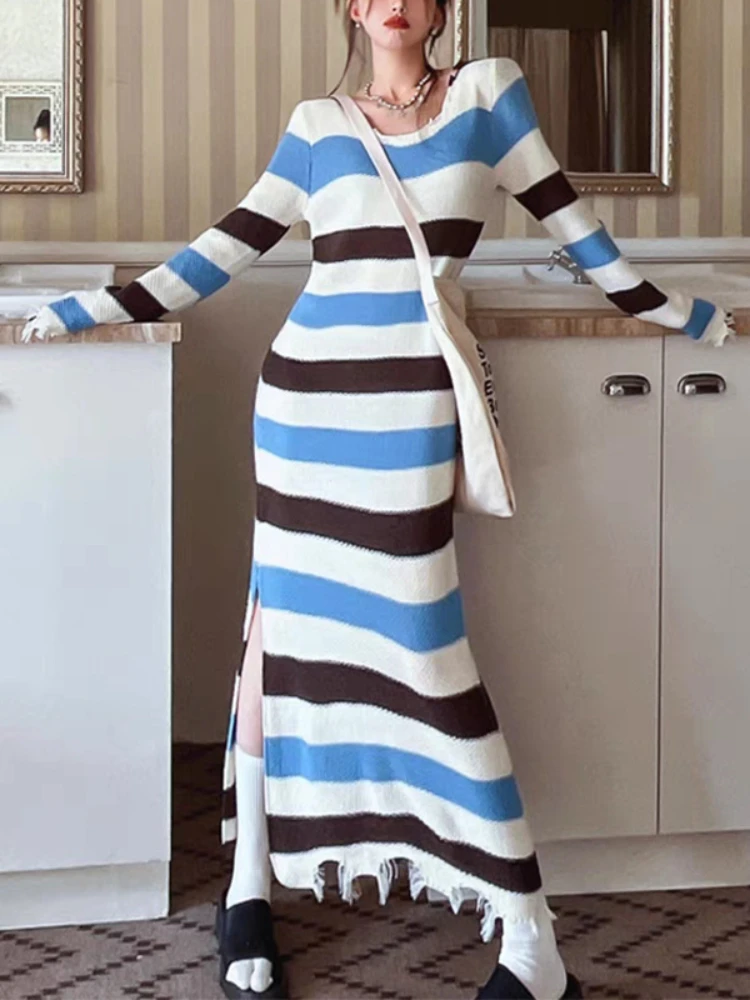 

Платья для женщин 2023 осенние Универсальные Длинные платья для женщин корейская мода вязаные платья с длинным рукавом облегающее Полосатое платье