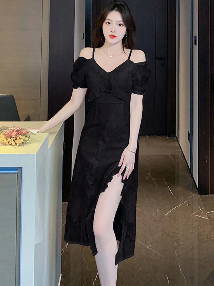 

Женское жаккардовое платье миди с оборками, белое винтажное шифоновое платье в Корейском стиле Хепберн черного цвета с открытыми плечами, лето 2023