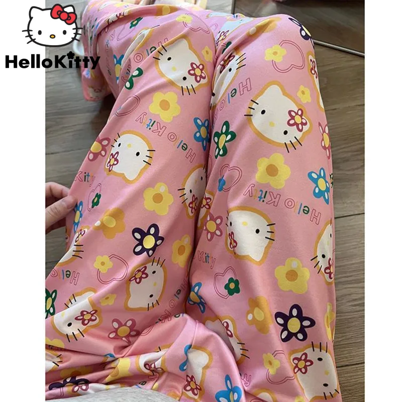 Sanrio Hello Kitty Pants Kawaii Cartoon Sleeping Pants Women New Casual Wear Outside Fashion Pants Loose Home Wide Pants Women