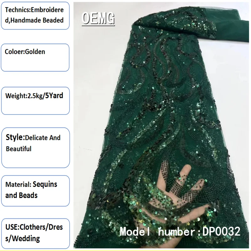 

OEMG 2022 Latest Sequins Beads African Lace Fabric High Quality French Tulle Net with Green Nigeria Wedding Dresses DP0032