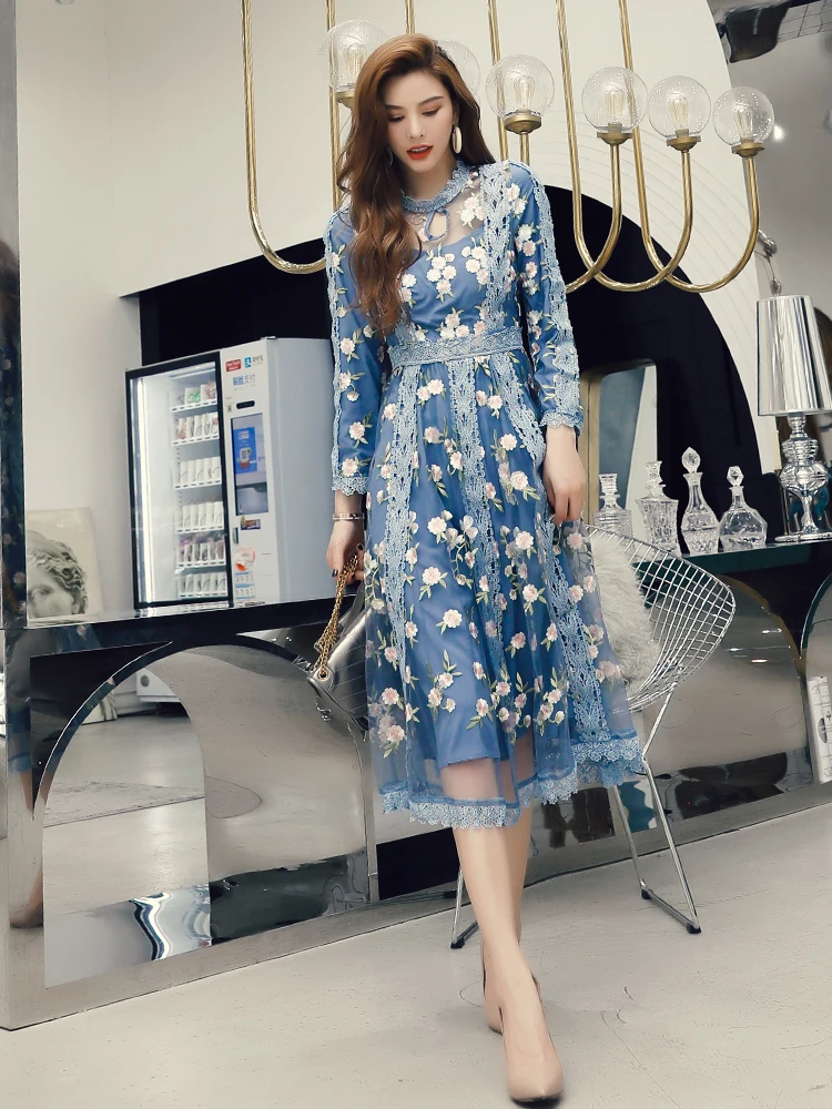 

High Quality New Women'S Spring Evening Party Casual Fashion Casual Elegant Chic Gorgeous Flowers Embroidery Mesh Midi Dress