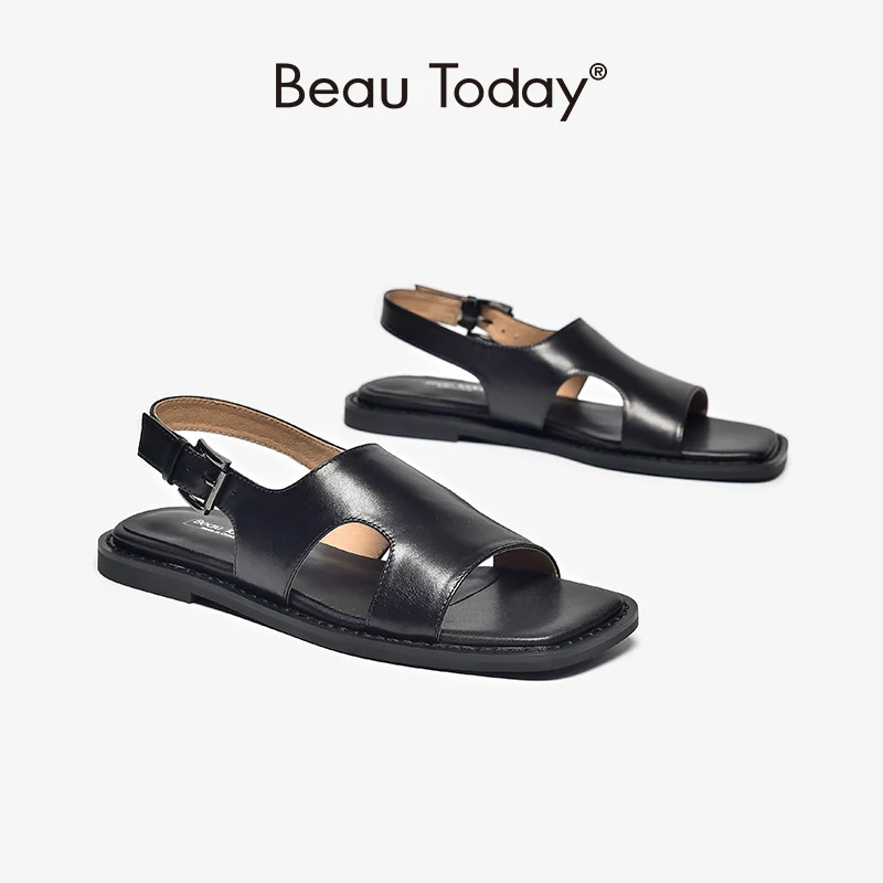 

BeauToday/женские босоножки на плоской подошве с открытым носком; Босоножки с металлической пряжкой на ремешке; Повседневная Уличная Летняя женская обувь из натуральной кожи; 32370