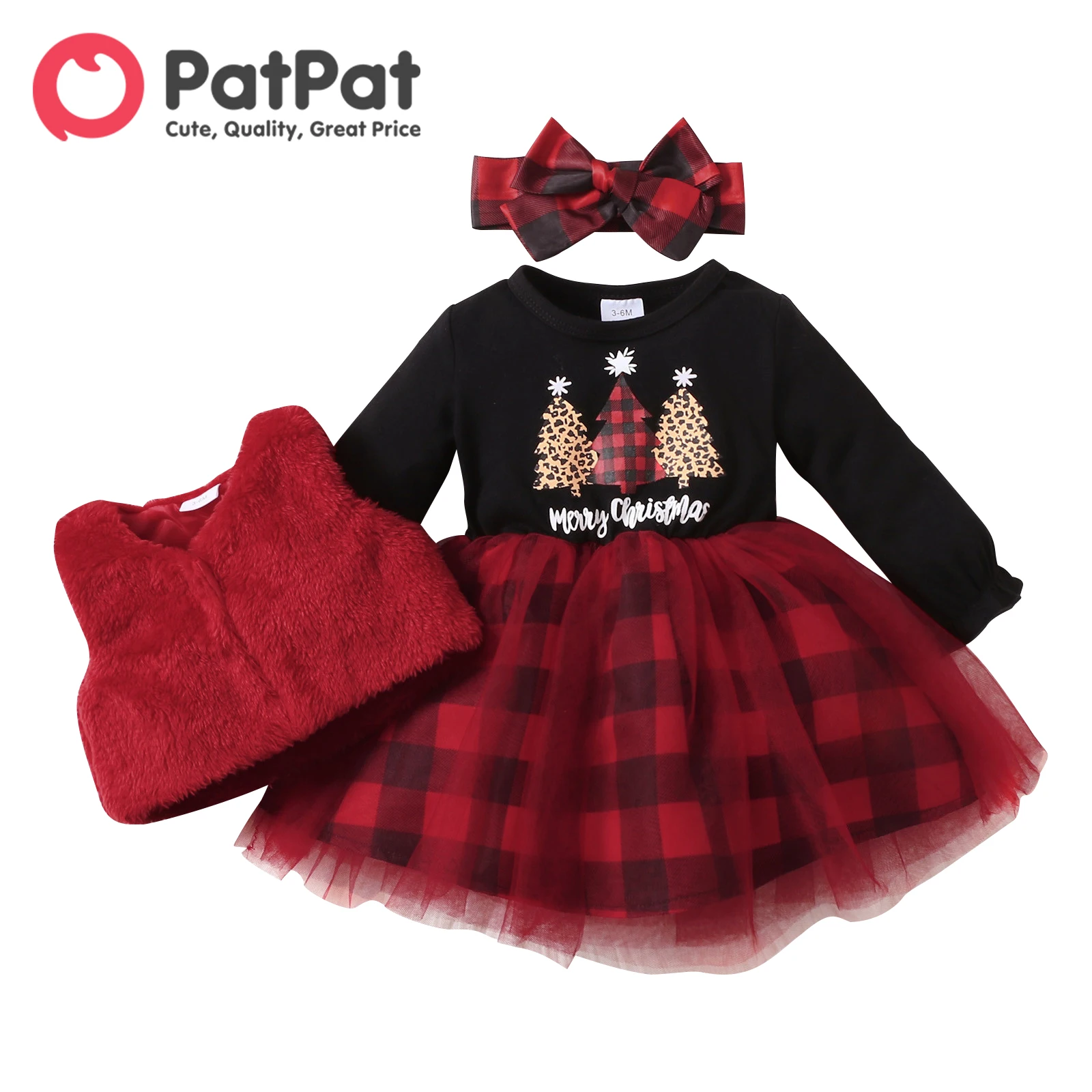

PatPat Christmas 3pcs Baby Girl 95% Cotton Xmas Tree & Letter Print Spliced Plaid Mesh Dress and Fuzzy Vest with Headband Set