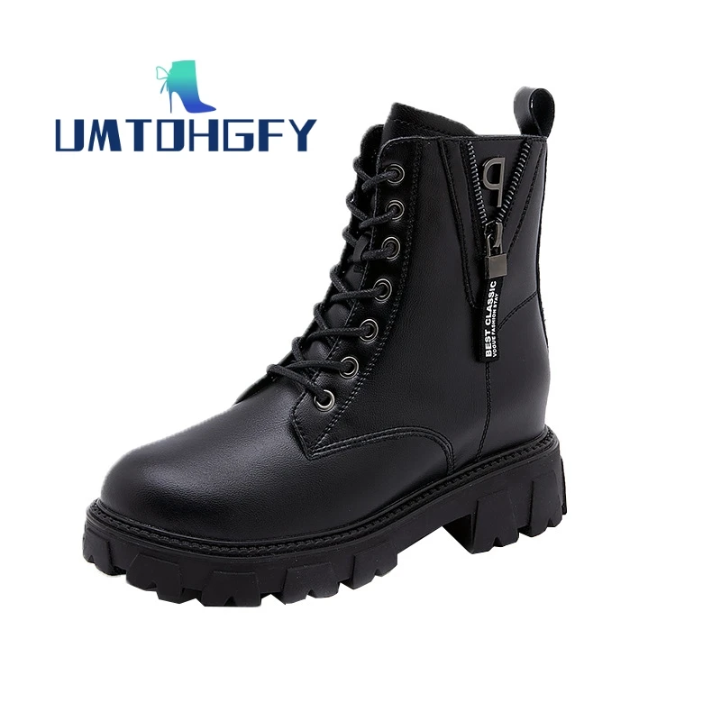 

2023 Women Autumn Winter Genuel Leather Marton Boots Female Thick Bottom Inside The High Double Zip Casual Girls Student Shoes