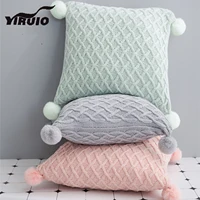 YIRUIO Kawaii Pompons Design Cushion Cover 45*45cm Soft Cotton Gray Green Pink Bed Sofa Pillow Case Rhombic Plaid Pillow Cover