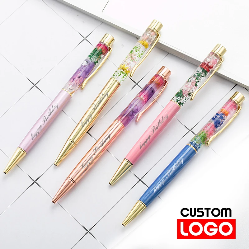 New Eternal Life Flower Oil Pen Metal Ballpoint Pen Lettering Engraved Name Advertising Pen Custom Logo Stationery Wholesale
