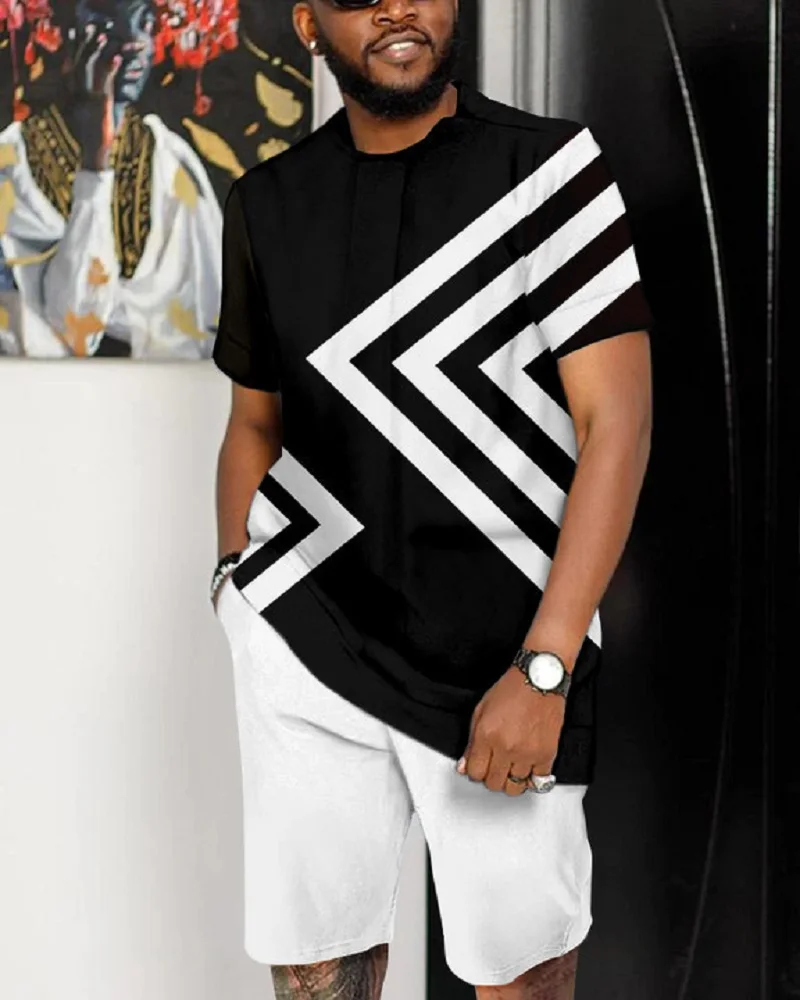 Summer Men T-shirts+Short Pants 2 Piece Sets Geometric Pattern Fashion Beach Tracksuit Short Sleeve Outdoor Casual Man Clothing